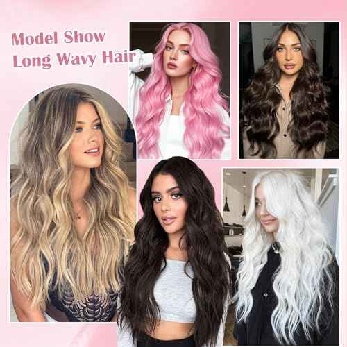 Long Pink Wavy Wig Middle Part for Women 26 Inch Light Pink Curly Wavy Wigs Natural Looking Synthetic Heat Resistant Fiber Wig for Daily Party Use