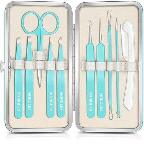 MORGLES Blackhead Remover and Pimple Popper Tool Kit, 10 Pcs Professional Acne Extractor Kit, Ingrown Hair Tweezers with Leather Travel Case for Face and Eyebrow Grooming