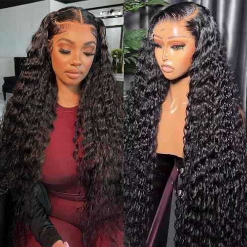 26 Inch Deep Wave Lace Front Wigs Human Hair 13x4 Deep Curly Human Hair Wig Pre Plucked 180% Density HD Transparent Lace Front Wigs for Black Women Natural Black