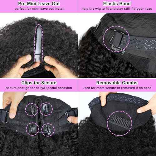 Domiso 22 Inch V Part Wig Human Hair Upgraded Afro Kinky Curly V Part Wigs Pre-Minimum Leave Out Anti Slip Elastic Band & Removable Clips Glueless Wigs 200% Density Half Wig Beginner Wigs