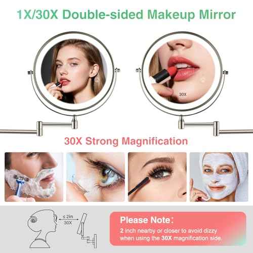 30X/1X Wall Mounted Makeup Mirror with Light: 8.5 Inch Double-Sided, 3 Color Modes, USB-C Rechargeable, 360¡Æ Swivel, Brushed Nickel