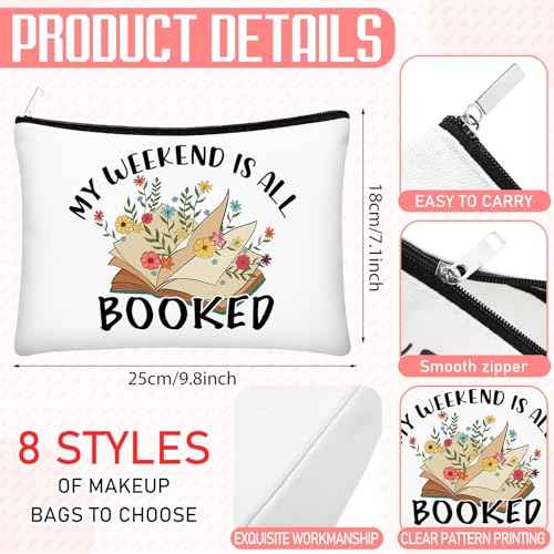 8 Pcs Book Club Gifts Book Lovers Makeup Bag Gifts for Women Cosmetic Bag with Zipper Pouch for Teen Adult Women Lovers Librarian Bookish Club Gifts(Book,Flower)