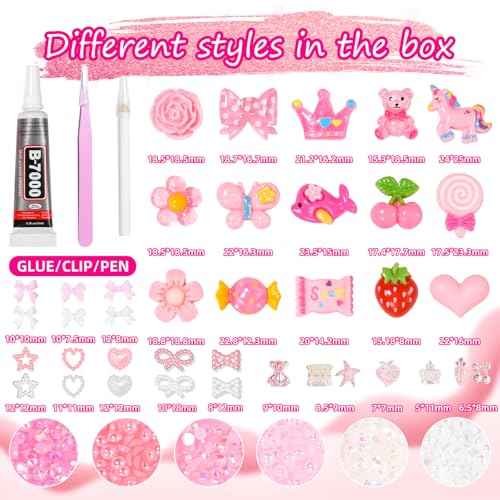 Junk Case Charms Kit, Pink White Pearls Resin Rhinestones Bedazzling Kit, Cute Candy Bear Cartoon Phone Cases Charms, Junk Case with Big Charm for Crafts Nail Art DIY Accessories