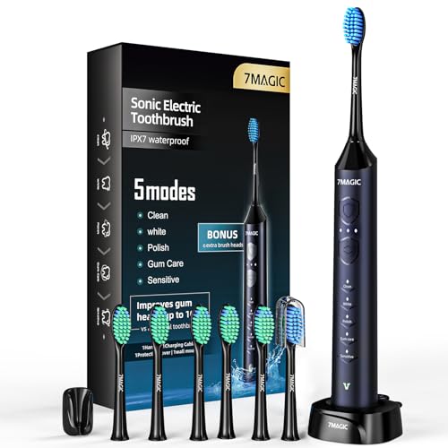 Electric Toothbrush for Adults, Sonic Electric Toothbrush with 3 Intensity Levels & 5 Modes, One Charge for 60 Days, Rechargeable Toothbrush with 6 Toothbrush Heads & 40,000 VPM Deep Clean(Blue)