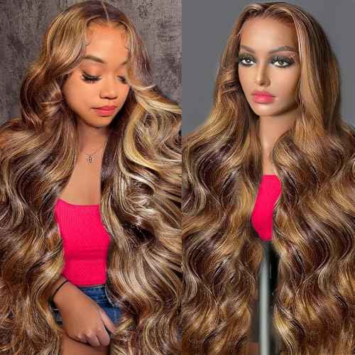 Body Wave Honey Blonde Lace Front Wig Human Hair Pre Plucked Highlight Ombre P4/27 Colored 210% Density 13x4 HD Lace Frontal Wigs Human Hair for Women 22Inch