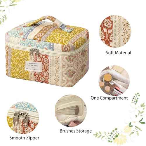 Quilted Makeup Bag, Large Makeup Bag, Cute Cosmetic Bag for Women Girls, Floral Coquette Aesthetic Patchwork Travel Toiletry Make Up Organizer Bag