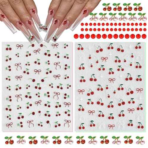 2 Sheets Cherry Nail Stickers +40 Pcs Cute Red & Pink Cherry Golden Alloy Charms + 2 Sizes Red Small Rhinestones Gems 3D Fruit Y2K Nail Art Decals DIY Design for Nails Face Eyes Makeup Crafts