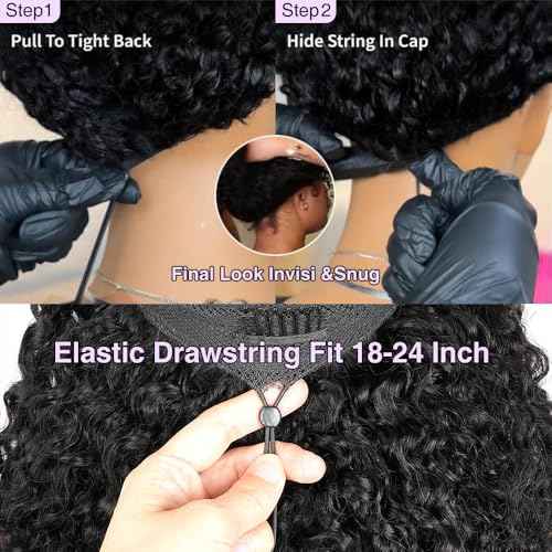 7x6 Burmese Curly Glueless Wigs Human Hair Pre Plucked Pre Cut 250% Density Drawstring Wig Human Hair 7x6 HD Lace Front Wigs Human Hair for Black Women Wear and Go Glueless Wig Natural Color 16inch