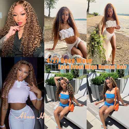AKUZO Highlight Ombre Deep Wave Lace Front Wigs Human Hair 13x6 lace front wigs human hair Pre Plucked with Baby Hair 4/27 Honey Blonde wig for Black Women 200 Density 24inch
