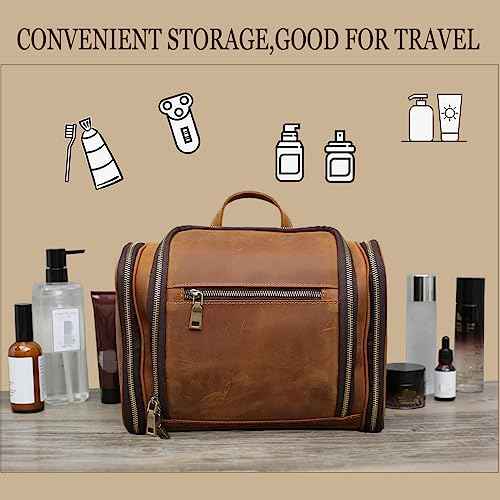 Hanging Toiletry Bag,Personalized Genuine Leather Shaving & Dopp Kit Bag for Men & Women,Travel Organizer for Toiletries,Best Man Gift,Wedding Gifts (Brown)
