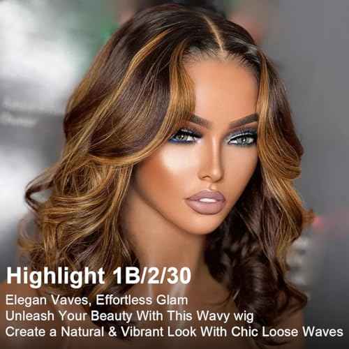 RECOOL Highlight Bob Wig Human Hair Glueless Wigs Plucked Pre Cut 180% Loose Body 6x5 Lace Front Short Bob Wig Human Hair for Black Women-Highlight 1B/2/30 Mixed Color Wigs,14inch