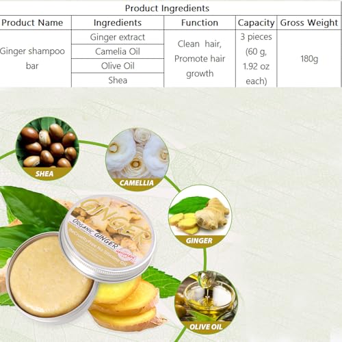 Natural Organic Ginger Hair Regrowth Shampoo Bar Soap for Anti Hair Loss, Dandruff, Itching - Promotes Hair Growth, All Hair Types (3 Pcs)