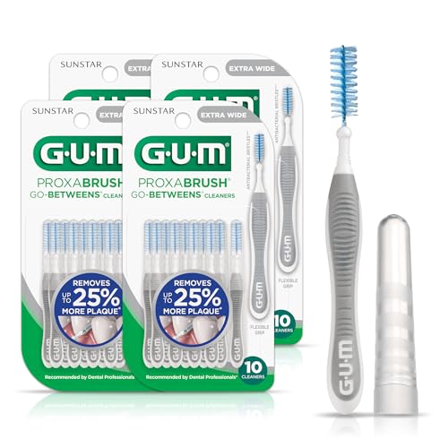 GUM Proxabrush Go-Betweens - Extra Wide - Interdental Brushes - Soft Bristled Dental Picks for Plaque Removal Health - Safe for Braces & Dental Devices, 10 Count(Pack of 4)