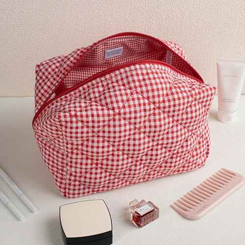 Handmade Makeup Bag, Skincare Cotton Organizer Zipped Pouch, 2 Pieces, Gingham Beauty Purse for Women Girls,Red