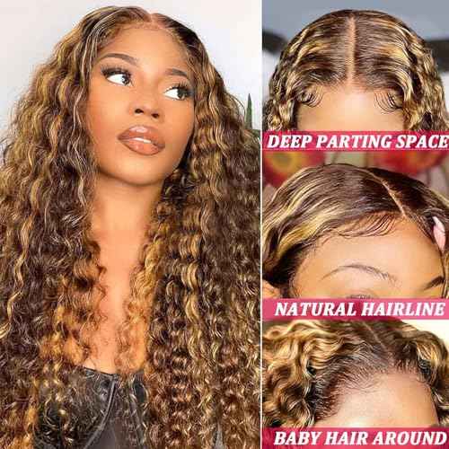 Ombre Lace Front Wig Human Hair 180% Density 4/27 Honey Blonde 13x6 Deep Wave Lace Front Wigs Wet and Wavy Curly Glueless Wigs Human Hair Pre Plucked with Baby Hair (Highlight, 26 Inch)