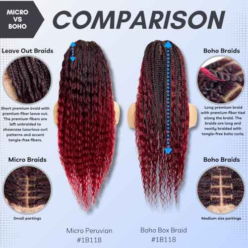 PIB Single Full Lace Braid Wig - Micro Boho Peruvian Deep Wave Box Braided, Knotless for Black Women, Curly Hair (#1B118 Off Black and Burgundy, 32" Small-Medium)