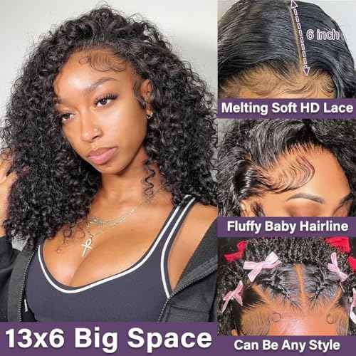 Curly Bob Wig Human Hair 13x6 HD Transparent Lace Kinky Curly Front Wigs Human Hair Pre Plucked Short Bob Wigs for Black Women Glueless Wig 180 Density Natural Black 12 Inch