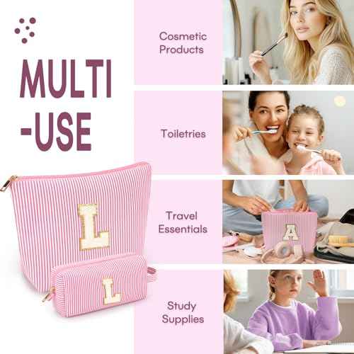 2 PCS Initial Makeup Bags for Women: Cosmetic Bag for Travel Toiletry - Birthday Gifts for 11 12 13 14 15 16 17 18 Years Old Girl Graduation Teacher Gift- Teen Girl Gifts Trendy Stuff - Pink L