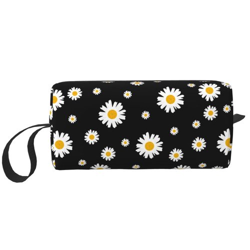 JKJOJIA Daisy Cute Flower Makeup Bag Organizer Small Cosmetic Bags Portable Travel Toiletry Bag With Handle Simple Accessories Storage Zipper Pouch For Women Girl