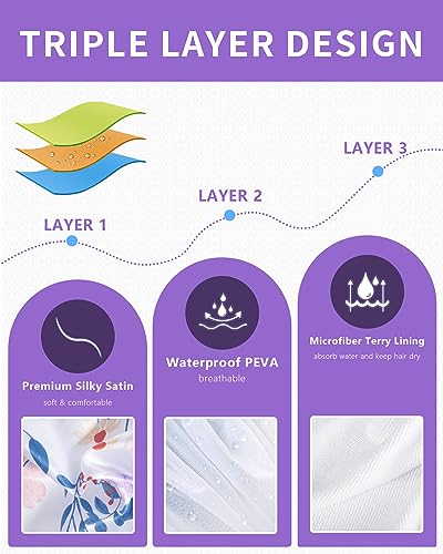 Aquior Shower Cap,Terry Cloth Lined Shower Cap for Women Reusable, Triple Layer Waterproof Bath Cap, Extra Large for Women Long Hair