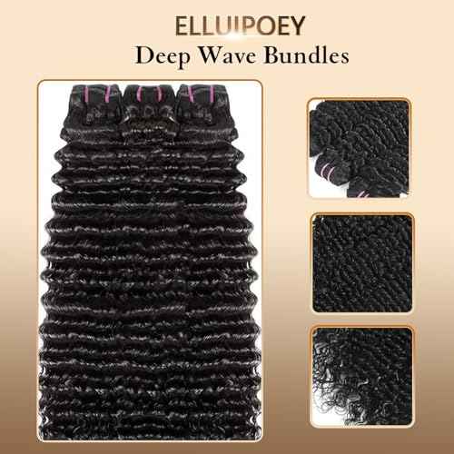 Deep Wave Human Hair Bundles 14 16 18 Inch Water Wave Bundles 15A Brazilian 100% Unprocessed Virgin Human Hair Wet and Wavy Bundles Double Weft Deep Curly Weave 3 Bundles Natural Black