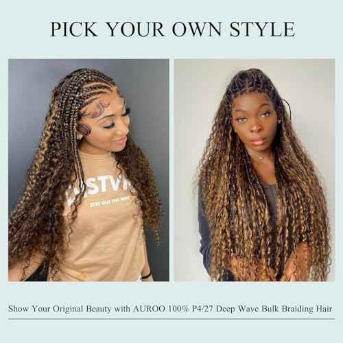 12A Braiding Hair Deep Wave Bulk Human Hair For Braids 22In 100g, 100% Virgin No Weft P4/27 Honey Blonde Highlight Ombre Bundles Curly Micro Braiding Hair For Boho Knotless Braids Thick Remy