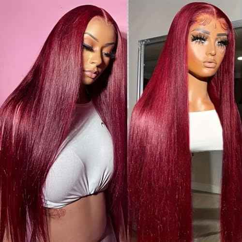 LICHANG 99J Straight Lace Front Wigs Human Hair Red Colored Wig Pre Plucked with Baby Hair for Black Women, 13x6 Burgundy Lace Frontal Wig Brazilian Virgin Human Hair Glueless 26 Inch