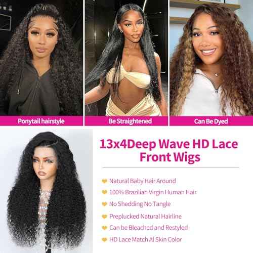 Deep Wave Lace Front Wigs Human Hair 13x4 HD Lace Front Wigs Human Hair Pre Plucked Brazilian Curly HumanHair Wig 200 Density Glueless Frontal Wigs For Women(14inch)