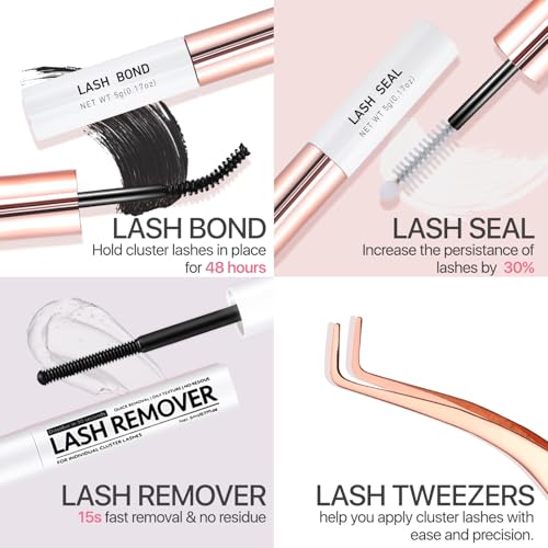 Fluffy Lash Extension Kit 182Pcs Thick Eyelash Extension Kit 10-18mm Volume Cluster Lashes Set with Bond and Seal Tweezers Cluster Remover (150D&200D Kit)