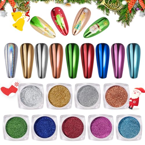 Pretty Diva Chrome Nail Powder - 9 Colors Metallic Mirror Effect Red Chrome Nail Powder Xmas Red Green Gold Silver Blue Pink Holographic Nails Chrome Powders