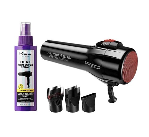 RED by Kiss Handle-Less 2200W Ceramic Tourmaline Hair Dryer with Comb Attachements and Heat Protector Spray