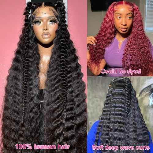 180% Density 13x6 Deep Wave Lace Front Wigs Human Hair Pre Plucked Glueless Transparent HD Lace Frontal Wigs Human Hair Brazilian Virgin Black Hair Natural Hairline 20 Inch Wig