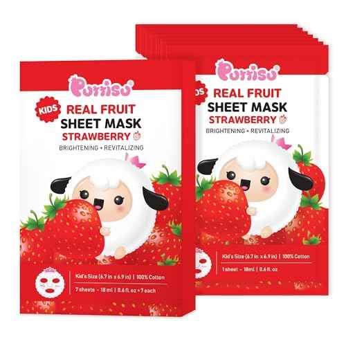 Puttisu Real Fruit Facial Mask Sheet for Kids, Children - Made with 100% Cotton, Moisturize, Sooths and Hydrates Skin (Strawberry- Pack of 21)