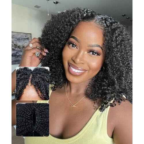 QUEEN VIRGIN REMY QVR Lace V-Part Wig Human Hair Kinky Curly No Leave Out V Shape Full Head Clip In Half Wig with Drawstring Natural Black Curly U Part Human Hair Wig for Black Women 16 Inch