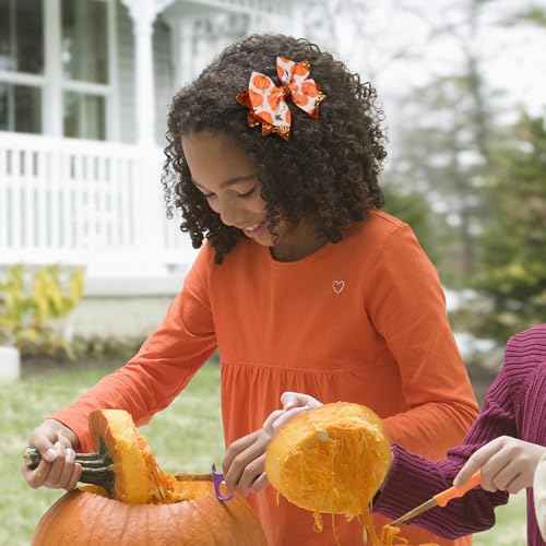 Happy Fall Thanksgiving Pumpkin Hair Bows Clips for Girls, 2pc 3.5" Glitter Orange Ribbon Bowknot Alligator Barrettes Hairpins Teens Toddlers Halloween Dress Outfit Decor Accessory Gift