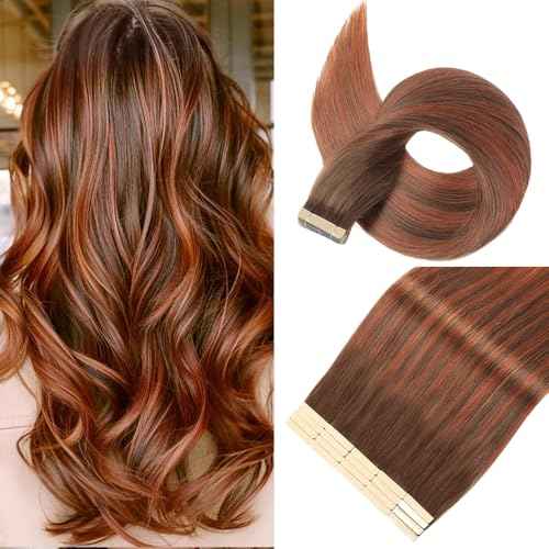 Tape in Hair Extensions Real Human Hair 24 Inch Balayage Chocolate Brown to Auburn Brown Tape for Skin Weft Hair Extension Invisible Tape in Hair Extensions Straight Remy Human Hair for Women 20pcs
