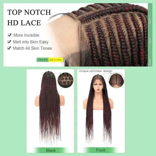 Youthfee 13x8 HD Lace Front Cornrow Braided Wigs for Women Braid Wig with Baby Hair Burgundy Middle Parted Box Braided Wig Premium Synthetic 36 Inch