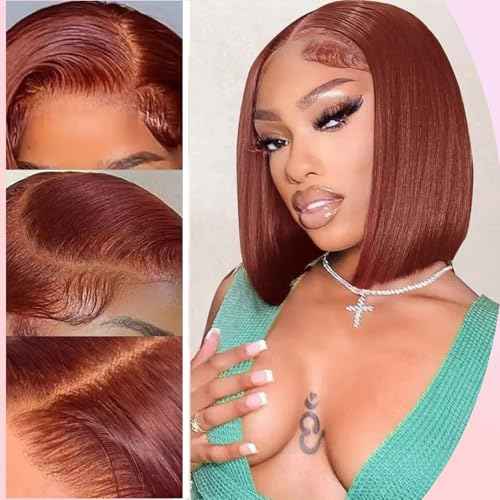 Reddish Brown Bob Wig Human Hair 13x6 HD Lace Front Wigs Human Hair Glueless Bob Wig Human Hair Pre Plucked with Baby Hair 180% Density 16 Inch