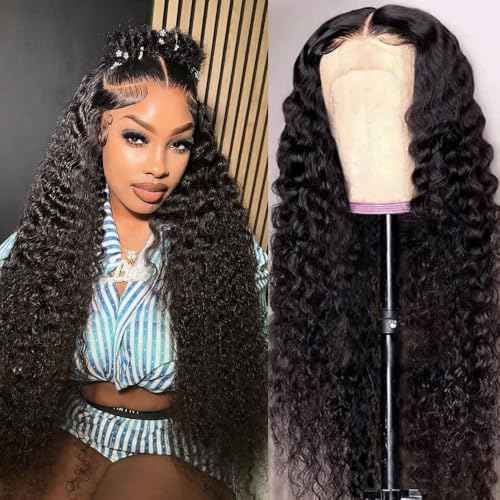 13x6 Deep Wave Lace Front Wigs Human Hair Pre Plucked with Baby Hair Deep Curly Frontal Wig 200 Density Natural Black for Women