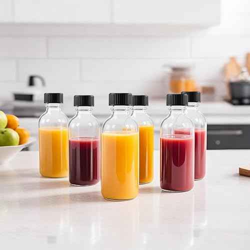 12 Pack 2 oz Glass Shot Bottles with Caps,Clear Round Small Glass Ginger Shot Bottle With Lids, 60ml Mini Travel Essential Bottles Suitable for DIY Juice,Potion,Whiskey and Other Drinks