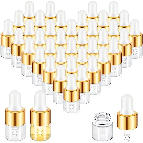 100 Pcs Mini Glass Oil Dropper Bottle Bulk, Clear Essential Small Empty Bottles Sample Containers Perfume Liquid Vials with Cap for Traveling (1 ml,Gold)