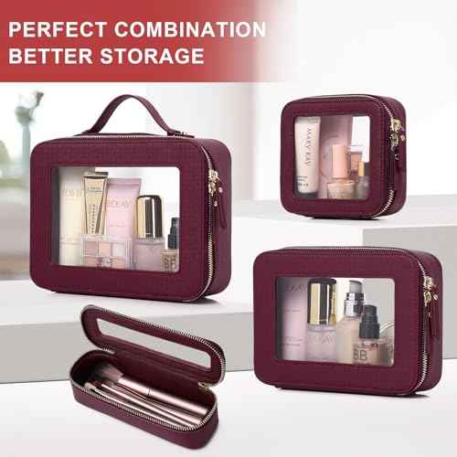 Pinkmik Clear Makeup Bag for Women Waterproof Travel Cosmetics and Toiletries Case Portable Makeup Oaganizer Bag Clear Car Bag with Zipper (X/Burgundy, M)
