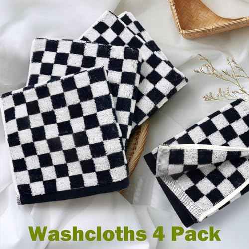 Jacquotha Wash Cloths Checkered 4 Pack (Black and White) - Cotton Washcloths for Face Body, 13 x 13 Inches Daily Cleansing Kitchen Towels
