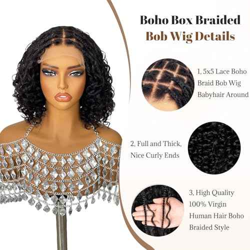 Munx Knotless Braided Wigs Human Hair 5x5 Closure Lace with Braided Bob Curly Deep Wave Square Parted Knotless Preplucked Boho Braided Lace Front Bob Wigs for African American 100% Human Hair 10in