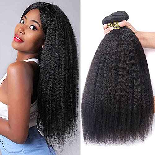 QTHAIR 16A Brazilian Kinky Straight 3 Bundles 16 18 20 Inch Yaki Straight Human Hair Bundles 100% Unprocessed Virgin Brazilian Human Hair Weave Natural Black