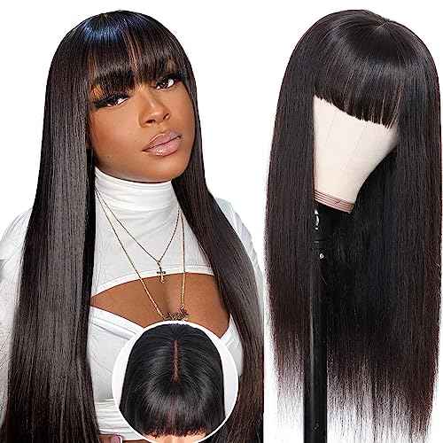 Ruiyu Straight Human Hair Wigs with Bangs 180% Density 2x4 Lace Front Wigs with Bangs Closure Wear and Go Glueless Wigs 100% Brazilian Virgin Human Hair Wigs for Women 18 Inch