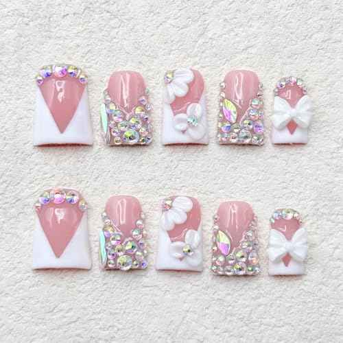 Handmade Press on Nails Rhinestones Press on Nails Short Duck Shaped Fake Nail White French Acrylic Nails Full Cover Reusable Flower False Nail for Women Girls Nail Accessories (Size M)