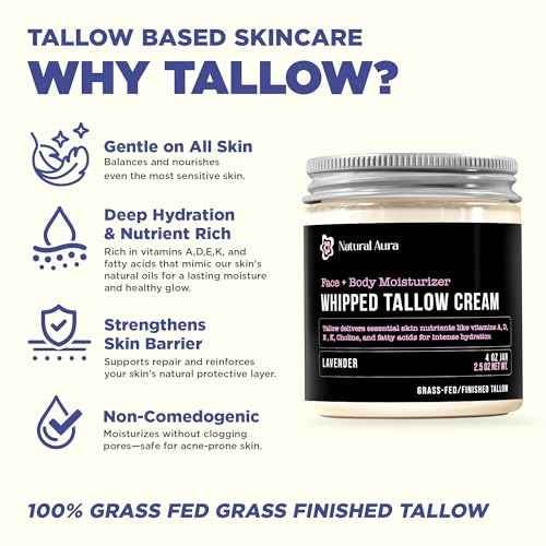 Whipped Beef Tallow for Skin - Face + Body Moisturizer, 100% Grass Fed Grass Finished Tallow and Honey Balm for Dry Skin - Natural Lotion - Free of Harsh Chemicals - 4oz, (Lavender)