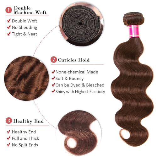 Body Wave Bundles Human Hair - 12A Brazilian Virgin Human Hair Bundle Double Weft Weave 100G Unprocessed Weave Medium Brown Body Wave (4#, 12 14 16)