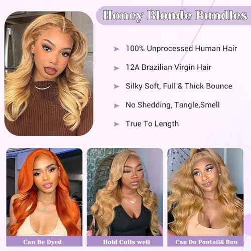 27# Honey Blonde Body Wave Bundles 100% Real Human Hair Bundles 16 18 20 Inch For Quick Weave Double Weft Can Be Dyed and Restyled